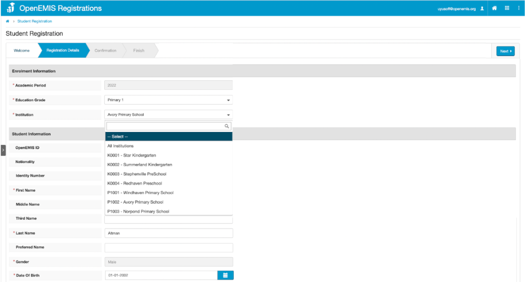 Student Registration Platform for OpenEMIS